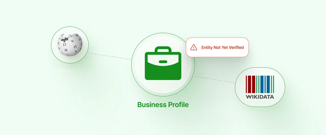 Google search results showing a Knowledge Panel alongside entity status showing Wikidata not found